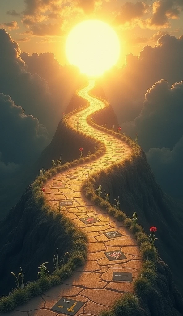 A winding path where each step is marked with different symbols, one of them labeled "Failure," leading towards a radiant, successful future at the end of the journey.