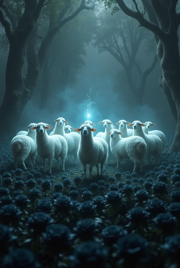 Sheep performing a ritual among black roses