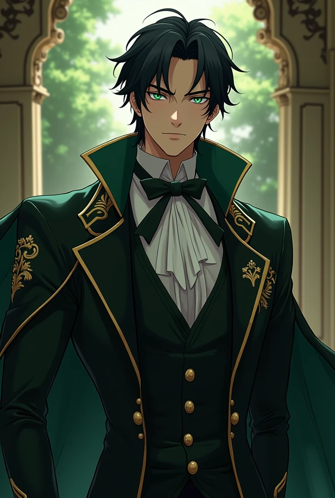 Create an male anime character using this name:
5. Brother - Prince Benjamin Blackwood (Benji) ( his eyes are green, his hair is plain black, his style resembles of envy, jealousy, madness, and anger)
Make them more mature and majestic appeal.