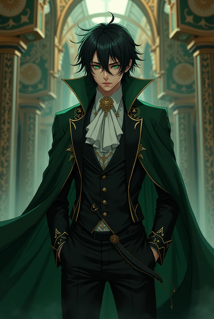 Create an male anime character using this name:
5. Brother - Prince Benjamin Blackwood (Benji) ( his eyes are green, his hair is plain black, his style resembles of envy, jealousy, madness, and anger)
Make them more mature and majestic appeal.