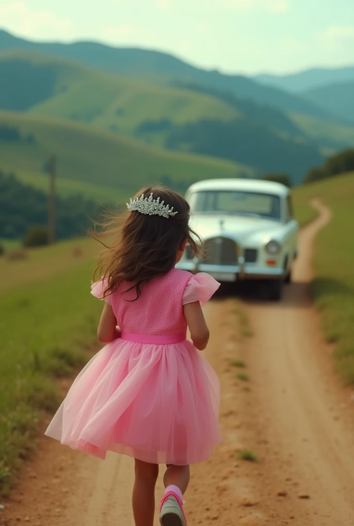 Location in the Serra Gaucha, Araucaria high hills, girl character dressed in pink with tiara on her head, is , the angle is low, film the back. In front of her is a car in the same direction she is going, she chases the car as it drives away. the road is dirt.