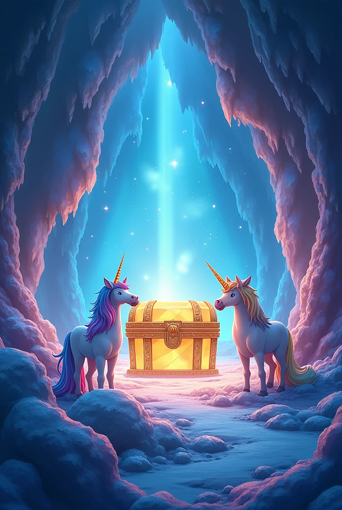 Create an image for story book title is The Adventure of Sparkle the Unicorn
Chapter 4: The Crystal Cave
The path led Sparkle and Twinkle to a shimmering cave made entirely of crystals. Inside, the walls sparkled like stars, and the floor was covered in soft, glowing moss. In the center of the cave, there was a large, golden chest. Both are big