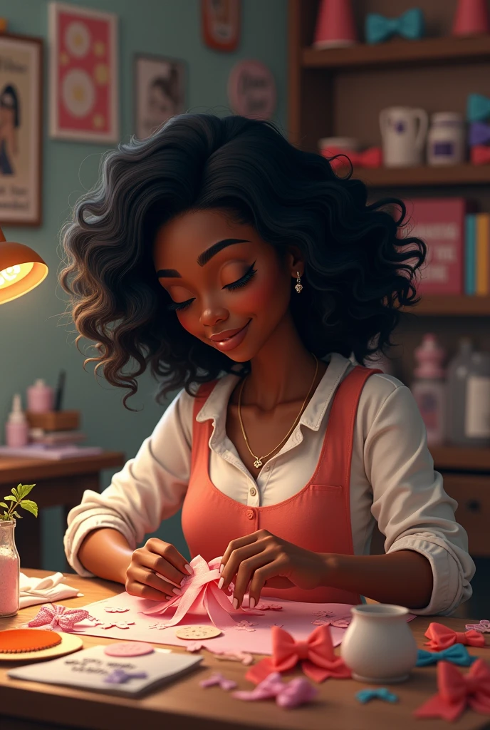 dark skinned with wavy black hair she is in her bow studio making a hair bow