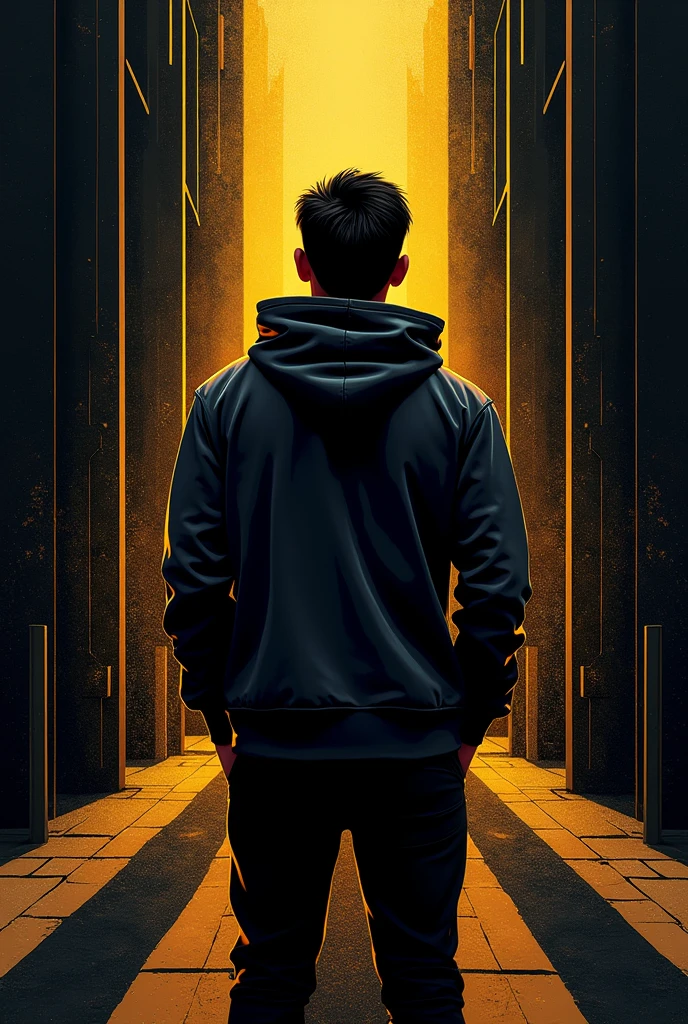 Poster of one hoodie man with coat. Color the background with black and gold. Write on that showcase SENARIOUNION 31 Ogos 2024. Write his name Saiful Apek 