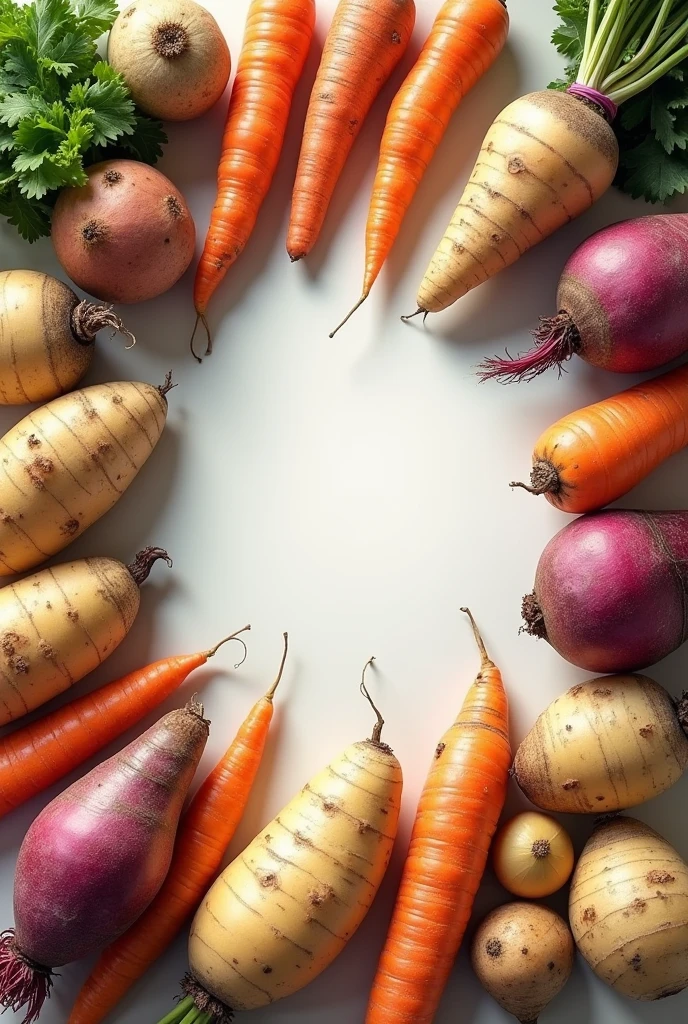 Realistic image of root vegetables with blank space in middle