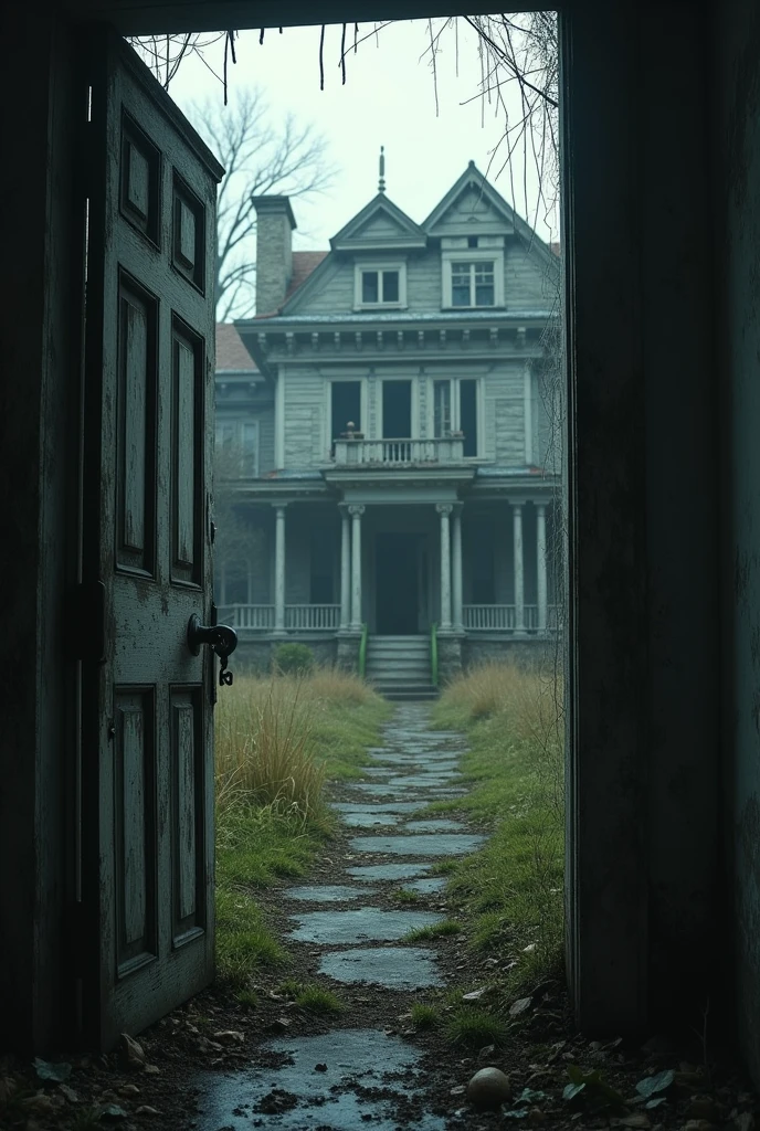 abandoned mansion, first person perspective, opening door with key
