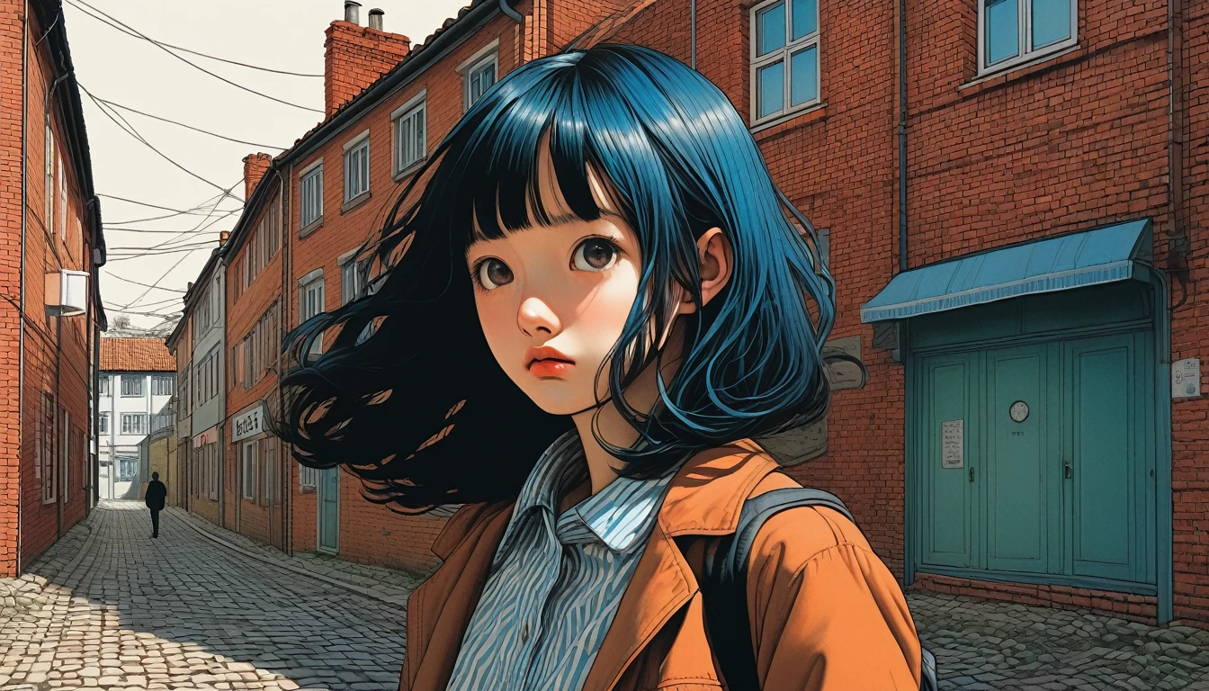 An illustration、art、Supervised by Junji Ito、Overaction、Overreaction、Pretending to be scared、Attention to detail, Realistic shadows、Analog Style, chromatic aberration, Surrealism、Building European Brick Towns