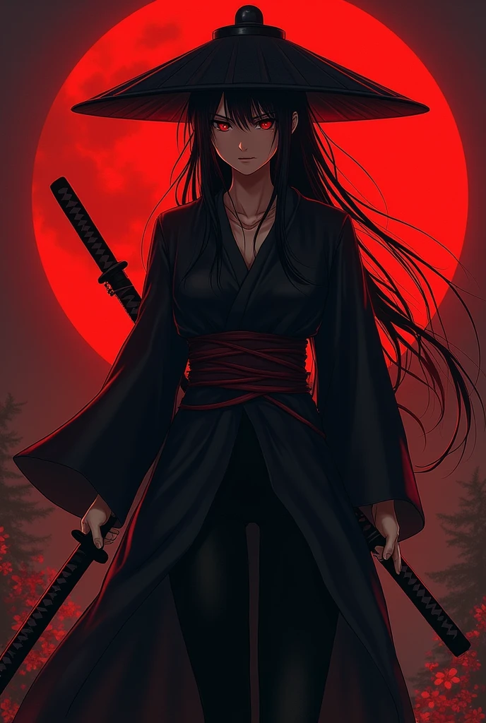 Anime samurai girl in black clothes wearing a samurai hat and a katana drawn in front of her face with a red moon background