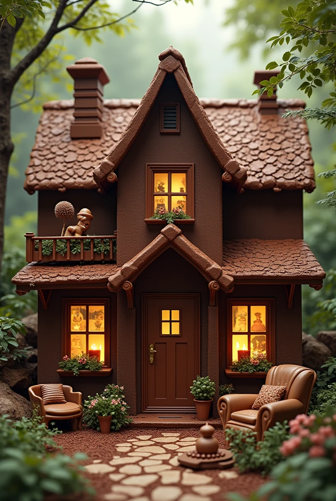 absurderes, high resolution, ultra detaild, HDR, Masterpiece artwork, best qualityer, ultra realisitic, (realistic house), house made of chocolate, parede de chocolate, living room made of chocolate, tv made of chocolate, chairs made of chocolate