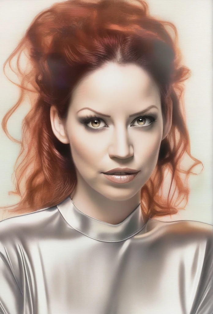 bncbchmp, light natural tones , ((pencil drawing , watercolor drawing)), portrait of a woman,wearing silver satin shirt, detailed eyes, beautiful , highly detailed, soft color tones, soft lighting, detailed lines, sharp, realistic, brush strokes
