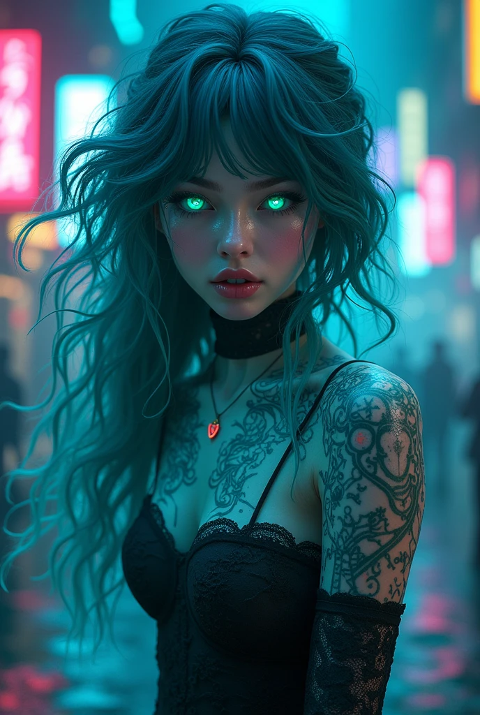 Ultra detailed digital art masterpiece , beautiful misterios Sailor Neptune , with a chromatic colorful city background, Magali Villeneuve , mixed with dark elements, dark environment , very dark night , lustful, no clothing , make up natural face, abstract ,Big Expresive shiny eyes, Sensual lips, ultra detailed atmospheric details, beautiful glowing effects , sparkle effects , realistic body proportions, beautiful face proportions, complex masterpiece, wild hair style, creative glowing detailed tattoos, complex physics, enhanced colors, complimentary colors, ultra detailed raytracing reflections, Ultra detailed complex background, environment feels alive, Big Expresive shiny eyes, Sensual lips, Big Expresive shiny eyes, Sensual lips