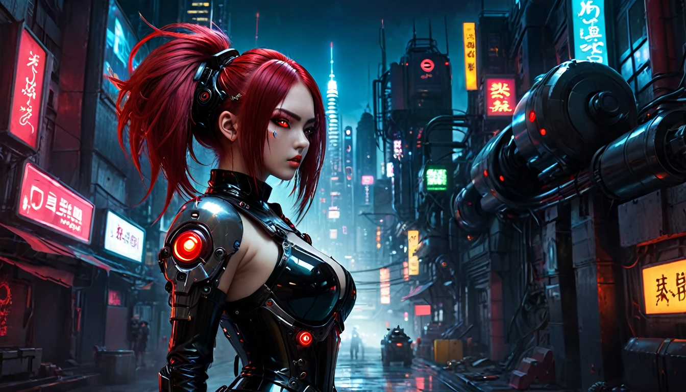 8k, Highest quality,back view dark fantasy,science fiction,cyberpunk,super fine concept art,robot joints,cybernetic organism,energy gun, energy weapons,Black and red gear,ndian style,1girl,perfect face,hair over one eye,(beautiful detailed Glass hair,red hair,two-tone hair,flipped hair), gold eyes,(heart-shaped pupils,glowing eyes,eyelashes),Black Leather Gloves,Red corset,黒いplatform shoes,one eye bandage, electric bolts,I laugh,(Electric Lightning ,futuristic city(Future City),colorful lighting,ride, A dark world dominated by diesel fuel,