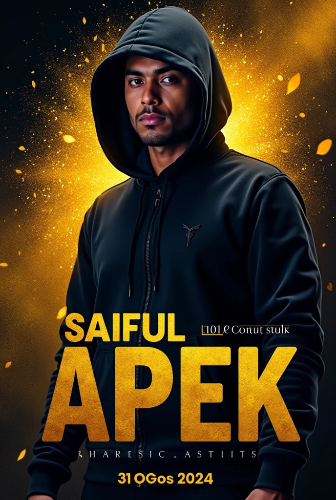 Poster of one hoodie man with coat. Color the background with black and gold. Write on that showcase SENARIOUNION 31 Ogos 2024. Write his name Saiful Apek