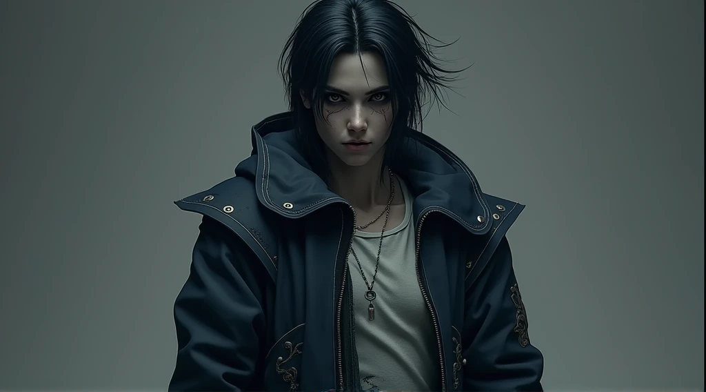 face: Zero has a pale, scarred face., with angular features and black eyes that seem to look through others, reflecting his coldness and emotional distance. Despite his stoic appearance, His face hides a painful past and an internal torment that few manage to see.. The burnt tear ducts, that prevent him from crying, They symbolize the irreparable damage that has been suffered, both physical and emotional.

hair: Her black hair is straight, semi-long and messy, which adds to his image a touch of disdain for social conventions and an indifference to superficial appearances.. This careless style contrasts with his mental acuity and cunning., creating a duality in his character.

Clothing White Round Neck Shirt: He wears a white round-neck shirt, simple and unadorned, which seems almost out of place in its darker ensemble. However, The simplicity of the shirt contrasts with the darkness of his soul, as a last vestige of humanity that still resides within it.

Dark Blue Coat: His dark blue coat, with metal cuffs extending to the elbow and a ripped hem, It is the centerpiece of your outfit. White stitch details on the shoulders add a touch of precision and control, while the wear and tear on the coat reflects the battles he has fought and the scars he has accumulated.

Dark Pants and Black Boots: Oversized pants in a darker color and sturdy black boots complete his look., Designed to give you the freedom of movement you need for your missions. These elements are practical and functional, but also imposing, reinforcing its intimidating presence.

Physical Details Scars: The numerous scars on his left arm and chest are a testament to his resilience and the suffering he has endured.. 