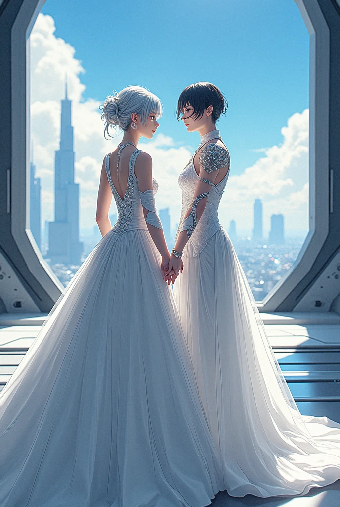 Create the characters Sanakan and Cibo from Blame! The manga has the couple wearing wedding dresses. The male has black hair and the female has silver hair in a sci-fi theme.