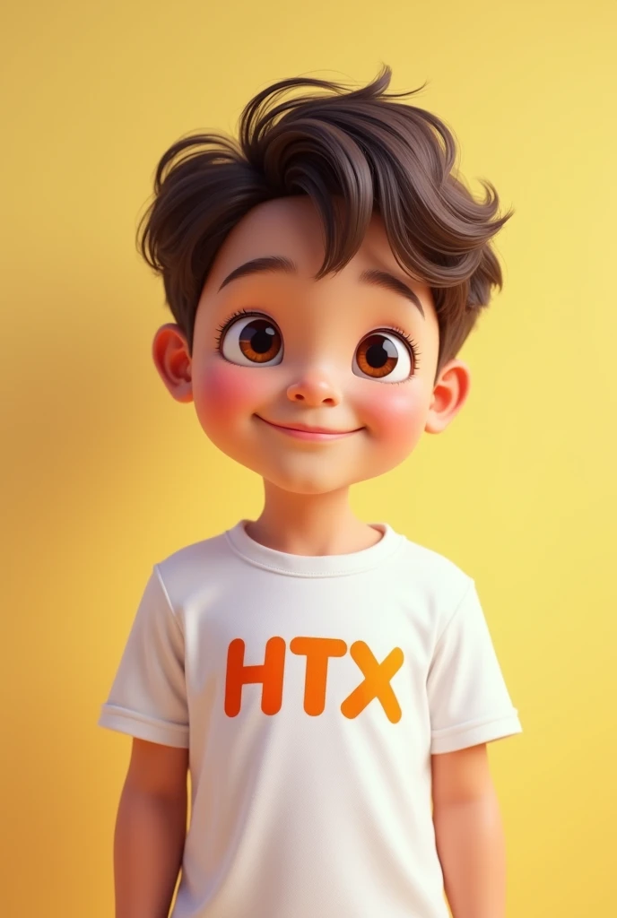 Create an image of a cute boy, wearing a T-shirt with 'HTX' written on it. The boy should have a friendly and joyful expression, and the setting should be simple to keep the focus on the boy and the T-shirt."