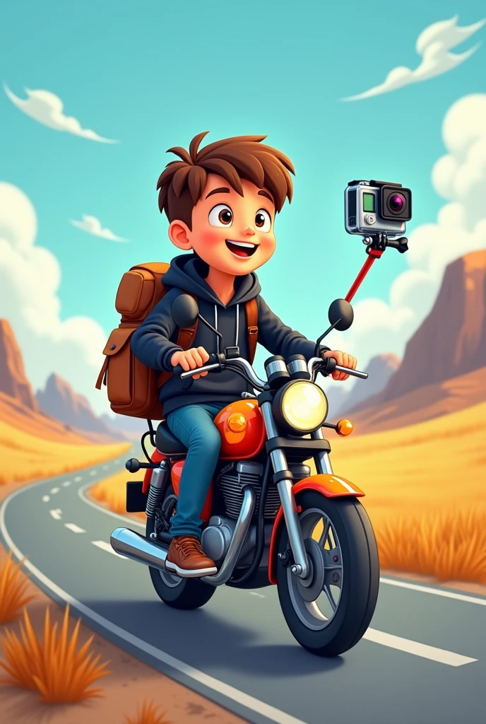 A cartoon traveler boy sitting on the motorcycle left side view with the gopro with the selfie stick with the free road by wearing black hoodie with the side view.