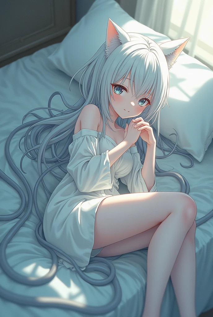 Japanese anime style,White-haired girl,Wearing white,Cat girl,A little bit of reality,On the bed,Being entangled and penetrated by slimy tentacles