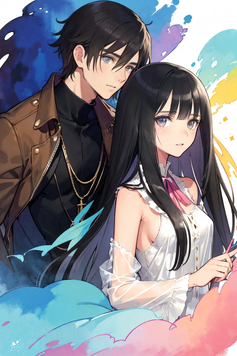 man and woman, couple, love, mature, a cat woman, she has freckles, she has dark brown eyes and an upturned nose, she is happy and smiling, she has long wavy hair, black hair, she is wearing aviator sunglasses with clear lenses in a soft watercolor style. The girl's clothes must be pink, purple, and blue in celebration of the bisexual, with stains of ink and watercolor mixing and filling the scene. he has blonde hair, he is handsome, he is slim. There should be a subtle, nuanced change in colors using the impasto technique with gouache paint. There should be a light rain in the watercolor painting with a little watercolor paper texture and a pastel background.