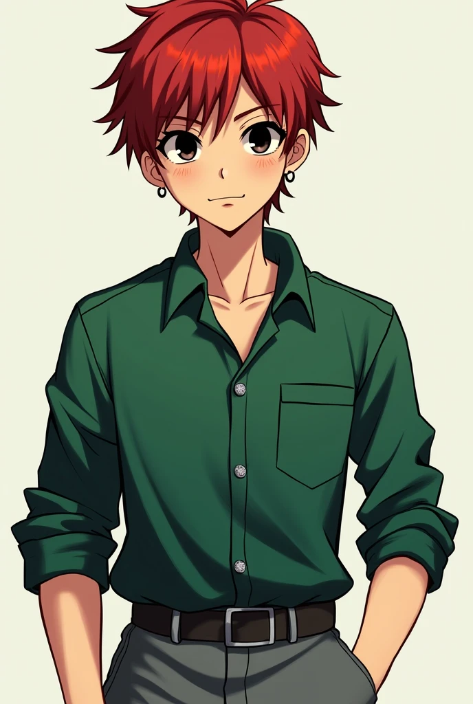 kenny, short hair, bangs, red hair, male focus, black eyes, , shirt, long sleeves, short sleeves, pants, green shirt, grey pants, earrings