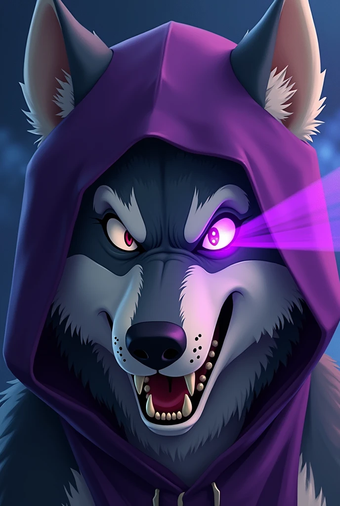 An illustration of an angry wolf's face, that the left front part of the face is covered by a purple hood and that purple rays are projected from its right eye, but the wolf is rather animated in the style of "studios ghibli"
