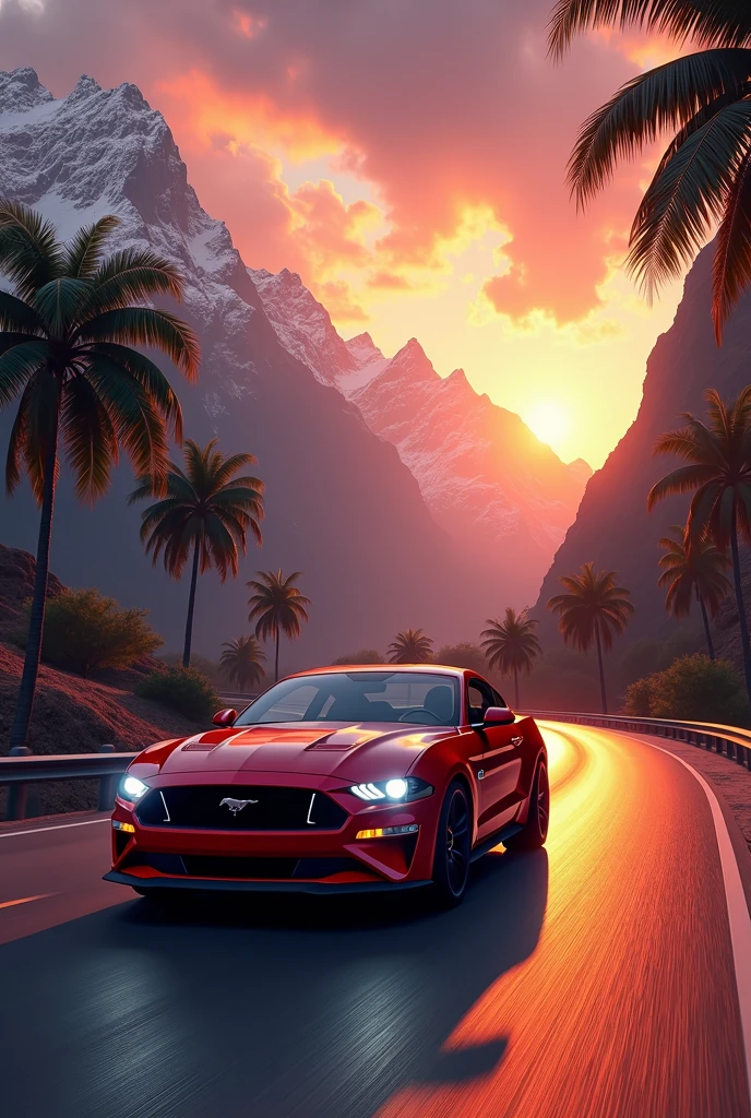 sunset between mountains, mustang car in road ultra realistic UHD with palm trees on roadside