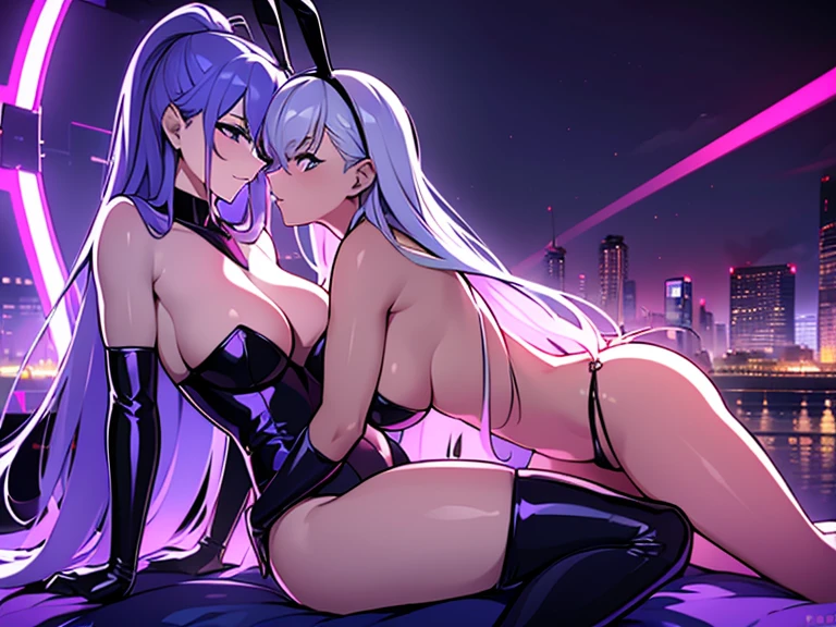 nsfw,((2girl,yuri),female ninja,princess),(playboy bunny),Very detailed,High resolution,4K,8k,masterpiece,High resolution,(Late Night,long shot,Cyberpunk cityscape,Vibrant neon glow),gazed at each other
