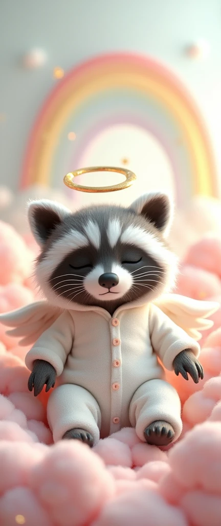 A captivating photograph of a cute extra fluffy baby realistic raccoon angel has long, delicate angel wings. Sleeping peacefully, is dressed in an adorable baby costume complete with a white onesie and a tiny white hat.The background is a whimsical and dreamy scene with a soft white gradient, tiny twinkling stars, fluffy pink clouds, and a vibrant, colorful rainbow arcing across the sky., 3d render, photo, conceptual art