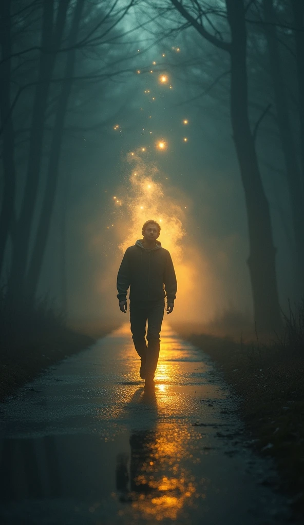 A person walking confidently along a path surrounded by shadows, but a bright, glowing aura emanates from their chest, symbolizing inner strength guiding them.