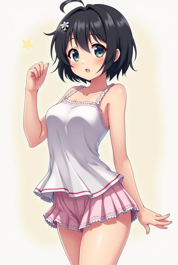 Anime Gora with short black hair in a short skirt showing her underwear 
