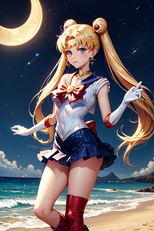 Sailor Moon on the beach in uniform: Sailor Moon wears a distinctive sailor suit. The top is a white fitted body with a large red bow on the chest.. The bow has a golden circular jewel in the center.

sailor collar: His uniform includes a dark blue sailor collar., with three thin horizontal white lines on the edges.

pleated skirt: Sailor Moon wears a short skirt, pleated and dark blue, reaching mid-thigh.

Back Bow: At the back of the waist, There is a big red bow that complements the skirt.

gloves: Her gloves are long and white., covering the entire forearm almost to the elbow. They have red edges on the top.

Boots: She wears red boots that reach just below the knee.. The boots have a gold crescent moon on the top.

diadem: On his forehead, She wears a golden headband with a red jewel in the center..

Earrings and Accessories: Wear gold crescent moon earrings, and around her neck she wears a red necklace with a golden jewel.

hair: Sailor Moon has long blonde hair tied into two high pigtails shaped like an odango. (round bows at the base), that fall to their ankles