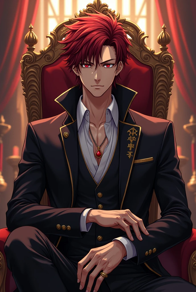 Create an male anime character using this name:
6. Brother - Prince Aizen Grayford Blackwood (Gray)
(His eyes are dark red, his hair dark red, his style resembles of hatred, love, ambitious, mysterious, elegance, creative, sadness, madness, arrogant, bold, power, evil, strength, hunger. )
Make them more mature and majestic appeal.
