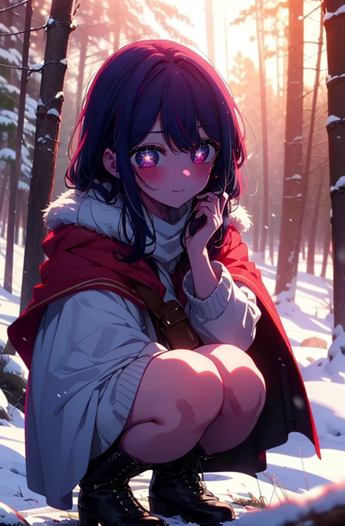 aihoshino, Ai Hoshino, Long Hair, bangs, (Purple eyes:1.1), Purple Hair, (Symbol-shaped pupil:1.5), smile,,smile,blush,white breath,
Open your mouth,snow,Ground bonfire, Outdoor, boots, snowing, From the side, wood, suitcase, Cape, Blurred, , forest, White handbag, nature,  Squat, Mouth closed, Cape, winter, Written boundary depth, Black shoes, red Cape break looking at viewer, Upper Body, whole body, break Outdoor, forest, nature, break (masterpiece:1.2), Highest quality, High resolution, unity 8k wallpaper, (shape:0.8), (Beautiful and beautiful eyes:1.6), Highly detailed face, Perfect lighting, Highly detailed CG, (Perfect hands, Perfect Anatomy),