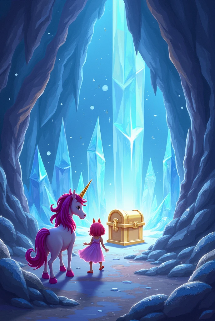 Create an image for story book title is The Adventure of Sparkle the Unicorn
Chapter 4: The Crystal Cave
The path led Sparkle and Twinkle to a shimmering cave made entirely of crystals. Inside, the walls sparkled like stars, and the floor was covered in soft, glowing moss. In the center of the cave, there was a large, golden chest. Both are big with same colour