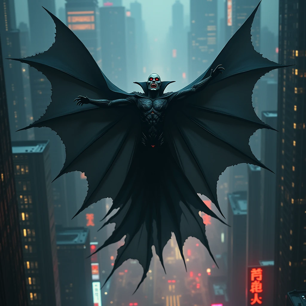 Draw a vampire flying backwards through the city
