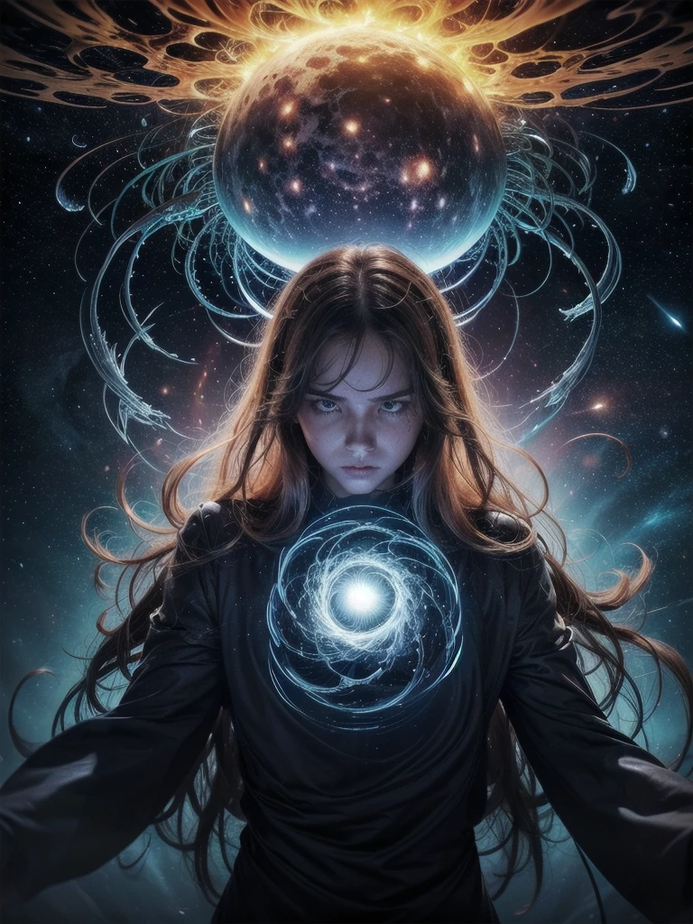 **Description for Cover:**

"Portray the dramatic moment in which the Co-creator, a female figure of fluid and ethereal energy, is at the epicenter of the creation of the universe. Show the colossal cosmic explosion, similar ao Big Bang, with a torrent of lights and energy radiating out. The Co-Creator must be a female entity with a fluid and luminous form., appearing to be made of pure light and energy that twists and dissolves.

His expression must be a mixture of horror and effort., highlighting his struggle to control the primordial force of the explosion. Detail how your fluidic form fragments and is pulled into the created vortex, symbolizing the failure to contain chaos and the inevitable fall into its own creation. Show the distortion and stretching of its shape as it is absorbed into the vortex.

The explosion around it must be intense and chaotic, with an explosion of bright, contrasting colors like blue, purple, red and gold, reflecting the magnitude and tumult of the event. Highlight the turbulent energy and light waves spreading through space.

Include details of the vortex in the center of the scene, showing the Co-creator being slowly sucked in, as the energy around you increases in intensity. The cover should capture the feeling of a cataclysmic event and the profound transformation of the Co-Creator, with a visual representation that combines drama and complexity."