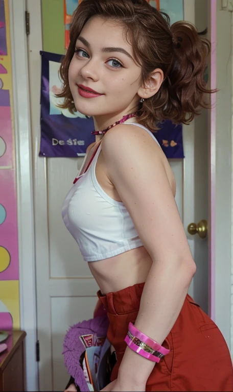 Girl with short light brown hair , short hair pony tail , beautiful age woman, Beautiful woman , Photo of a beautiful teen , Nice smile ,cute makeup , purple eye shadow , beautiful teenage , 15 años , cute makeup , small nose ,freckles on cheeks and nose, Red lips , sexy, beautiful teen nuker b, Varied background , ropa deportiva, She also wears a whistle around her neck , Full body photo , pose for full body photo , seductive pose , scenery , plays purple electric guitar , alegre , sexy