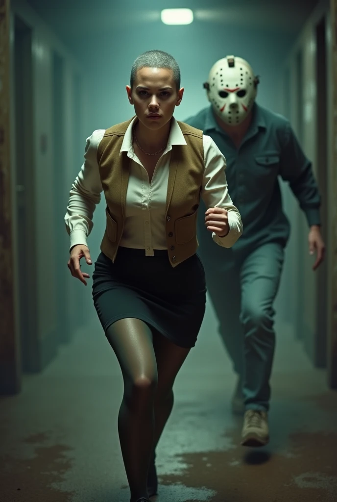 ((Highest quality)), ((masterpiece)), (horror movie posters:1.5), ((Jason)), (Shaved woman), (Motion Blur:1.1), ((逃げるJasonを後ろから追いかける筋肉質な坊主のグレーの女性のハト)), グレーのShaved womanのハトがオフホワイトで襟付きの半そでシャツに薄茶色のベストを着てひざ丈の黒いスカートに短い濃い緑の靴下と黒の靴を履いている, Photorealistic images,