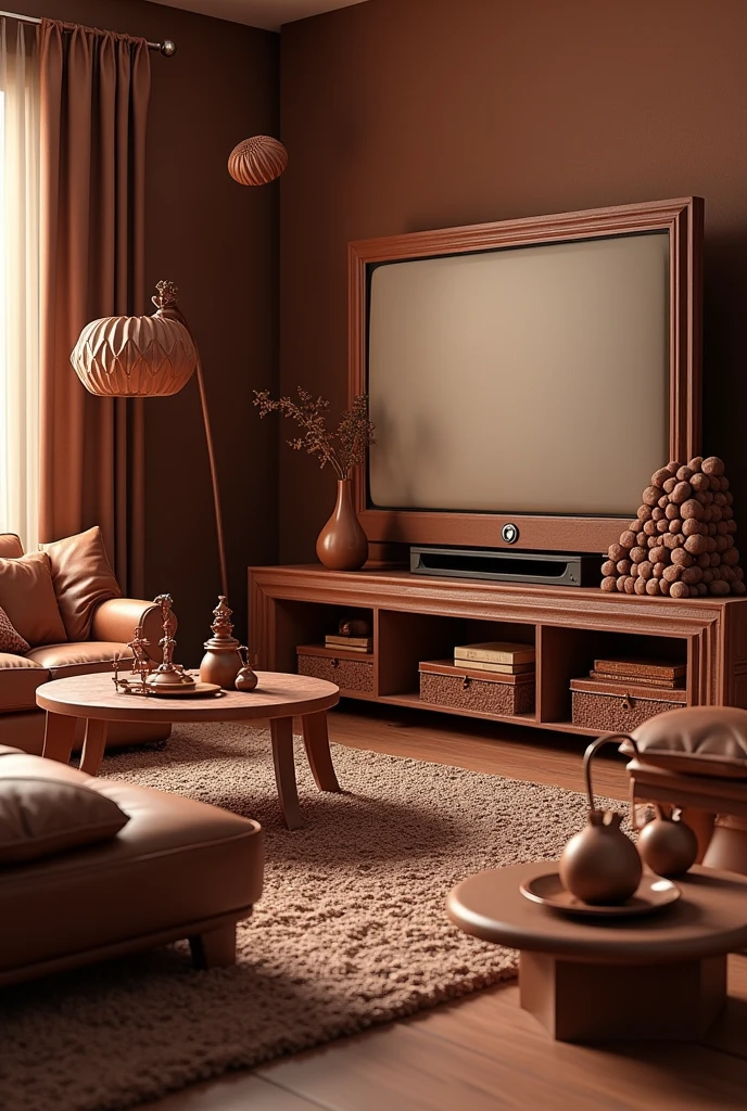 absurderes, high resolution, ultra detaild, HDR, Masterpiece artwork, best qualityer, ultra realisitic, parede de chocolate, living room made of chocolate, tv made of chocolate, chairs made of chocolate