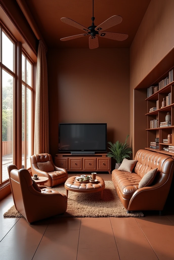 absurderes, high resolution, ultra detaild, HDR, Masterpiece artwork, best qualityer, ultra realisitic, parede de chocolate, living room made of chocolate, tv made of chocolate, chairs made of chocolate