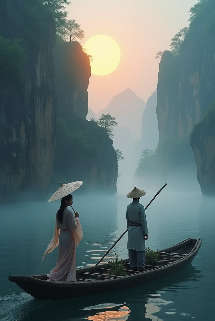 Misty,Sunset through the fog,Aerial view of bamboo raft from 92 degree angle,A woman wearing Chinese Hanfu and holding an umbrella stands in front,A man wearing a bamboo hat and a straw raincoat stands behind the woman,Man holding a long bamboo pole,The boat sails towards the sun,There are stone cliffs on both sides,Like a Chinese landscape painting, like a fairyland, like the mountains of Zhangjiajie,Maximum resolution,All the details can be seen clearly,Cinematic color grading