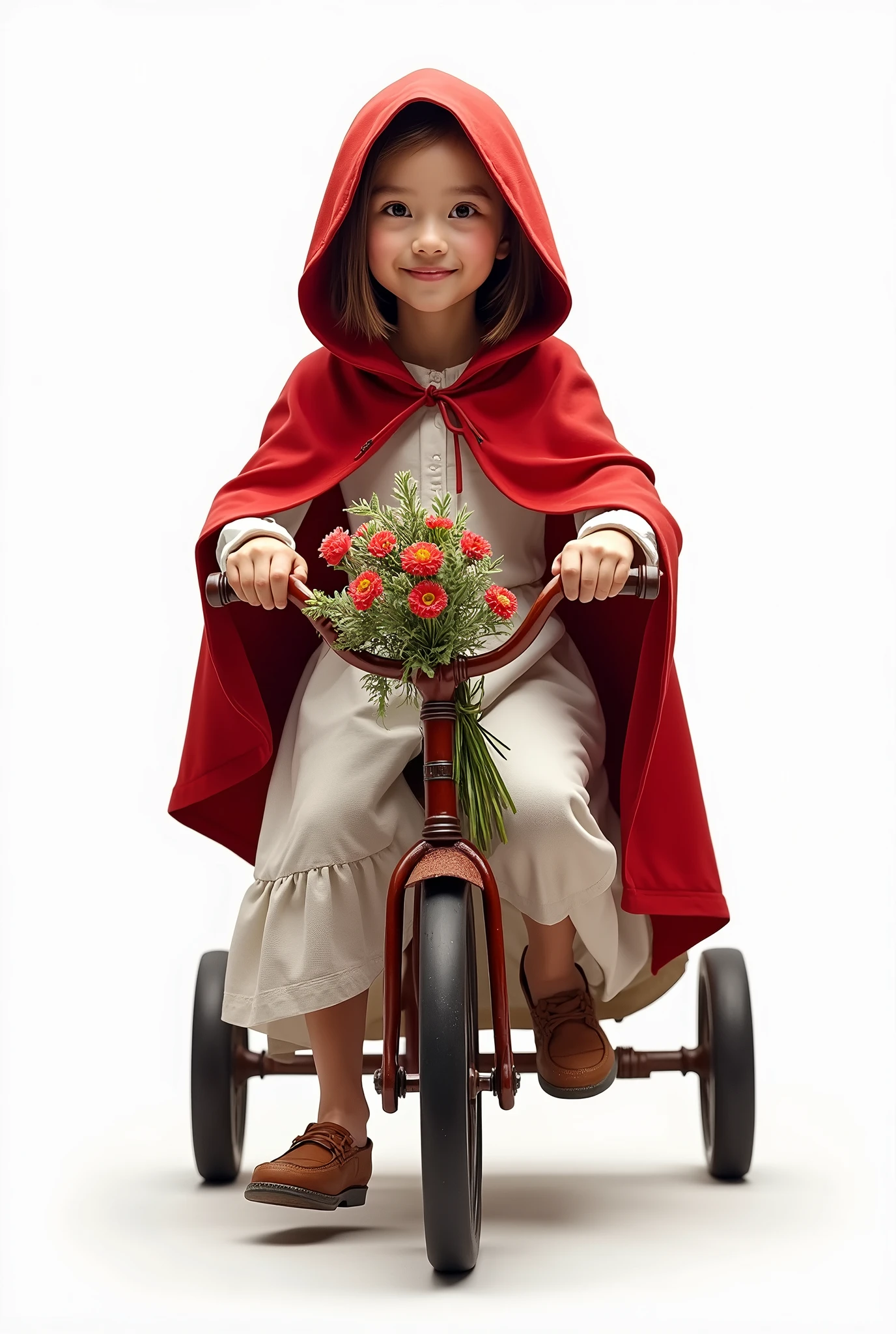 (((realistic full figure portrait of a Little Red Riding Hood riding a tricycle))), young ager , photorealistic, full figure, frontal, camera parallel to character's eyes, white neutral background, smiling, serene, front view, she holds a flower bouquet in one hand and the handlebar with the other hand