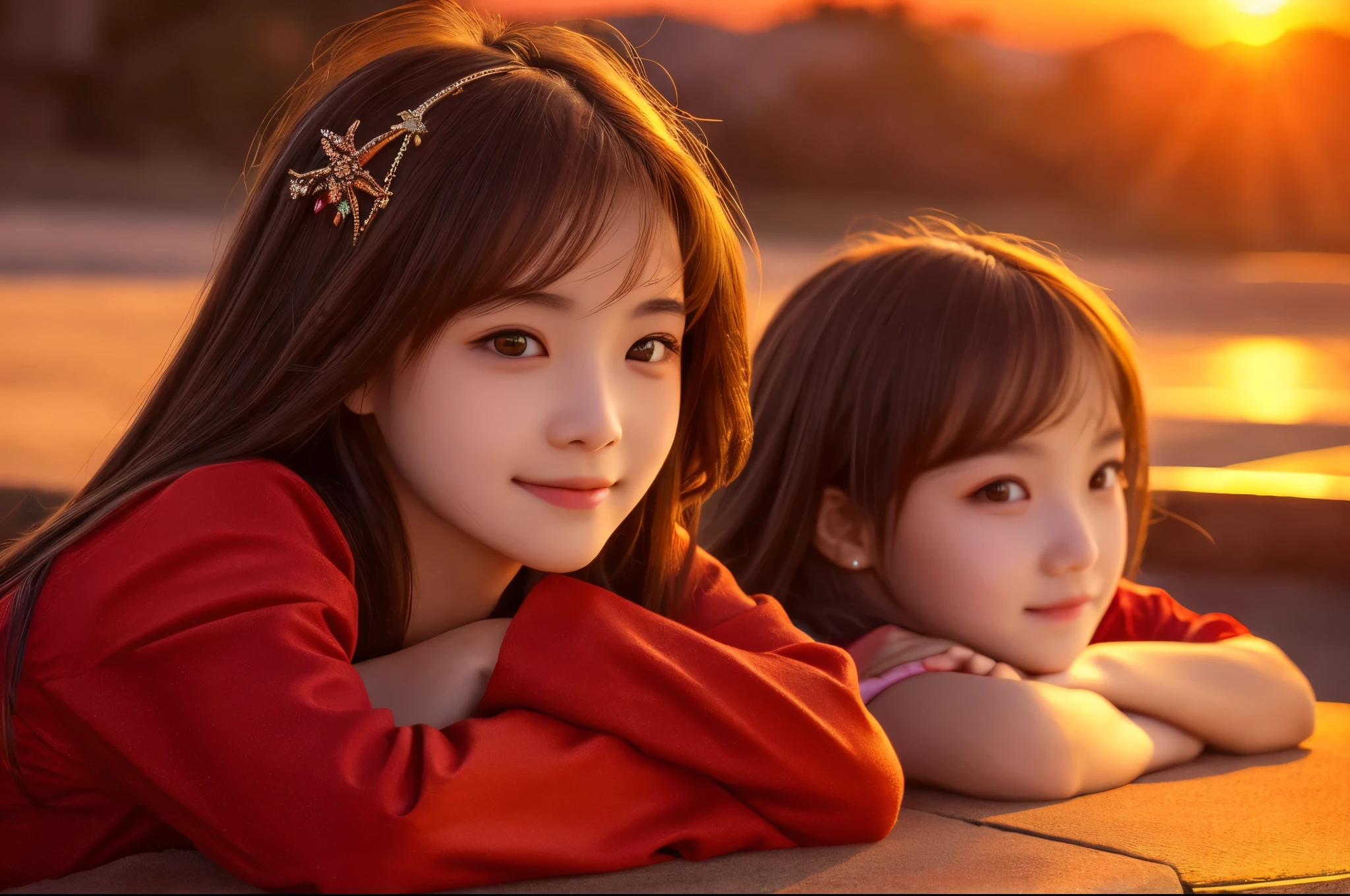 Highest quality masterpiece detailed Two very cute girls are sitting on the bank Photo style Real Fantasy Close-up The background is a bright red sunset