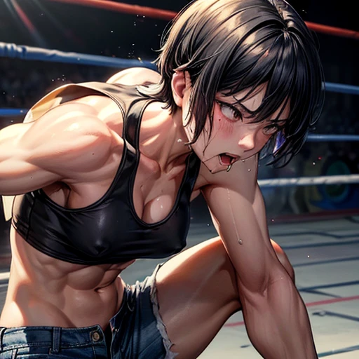 a japanese female streetfighter is beated down in the backstreet. She is on all fours. She is glaring at the opponent with an upward glance. She has the will to fight. A bloodied and bruised female fighter is trying to stand from down. She has a lot of punches from the male fighter. she has big pain. she is damaged terribry. Short-cut black hair, out of breath, drooling from mouth, exhausted, drenched in sweat. Erect nipples, open finger glove, Whittled waistline, muscular, six-pack abs, Ragged tanktop, denimshorts, Puffy nipple