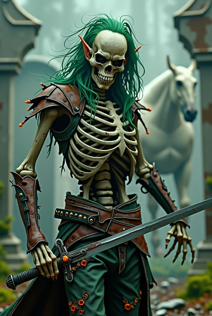an ultra-realistic image of a male elf skeleton rogue pointing the rapier to the player, with some flesh on his bones, green hair, wearing rotten green leather armor, rotten green pants, with a phantom horse in the background of a cemetery