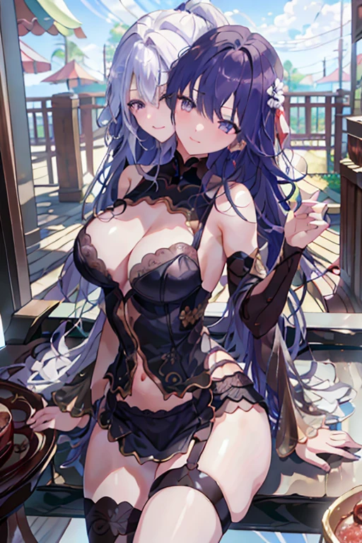 (Masterpiece, best quality), best resolution, (3 heads:1.5), 1 girl, Shogun Raiden, purple hair, Same hair color, Same eye color, Necks side by side, Necks are spaced equally across the shoulders., smile, outdoor,DSLR Photos, (8ก, 4K, Masterpiece),(Masterpiece, best quality), best resolution, (3 heads:1.5),Arms separated,arm circle, (Put your hands on your head...), (lower hand on ankle), (lower hand on leg), Full content in the frame, full body view, (four arms),(Multi-arm),(many hands), รูปร่างเพรียวบาง Masterpiece,best quality,best resolution,1 woman,many heads, upper body, รอยsmile, Facing the audience,big breasts,simple background,Beautiful face,Beautiful hair,beautiful eyes,beautiful body,Beautiful hands,conjoined twins