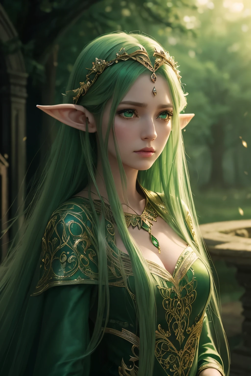 a beautiful elf with green eyes princess, scared and crying, detailed face, elegant dress, long flowing hair, delicate facial features, photorealistic, 8k, high quality, fantasy art, digital painting, cinematic lighting, dramatic lighting, moody atmosphere, vibrant colors, intricate details