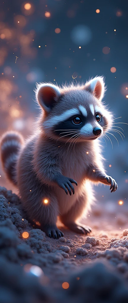 A breathtaking 3D render of a fluffy baby cosmic raccoon emerges from the depths of outer space, its radiant form adorned with constellations that form an enchanting celestial pattern. The raccoon's mesmerizing eyes hold the light of countless stars, reflecting the mysteries of the universe. Its long, ethereal tail weaves through the cosmic landscape, leaving a trail of cosmic dust and stardust in its wake. The background is a vibrant tapestry of galaxies, nebulae, and clusters of stars, creating an awe-inspiring view of the cosmos., 3d render, photo, conceptual art