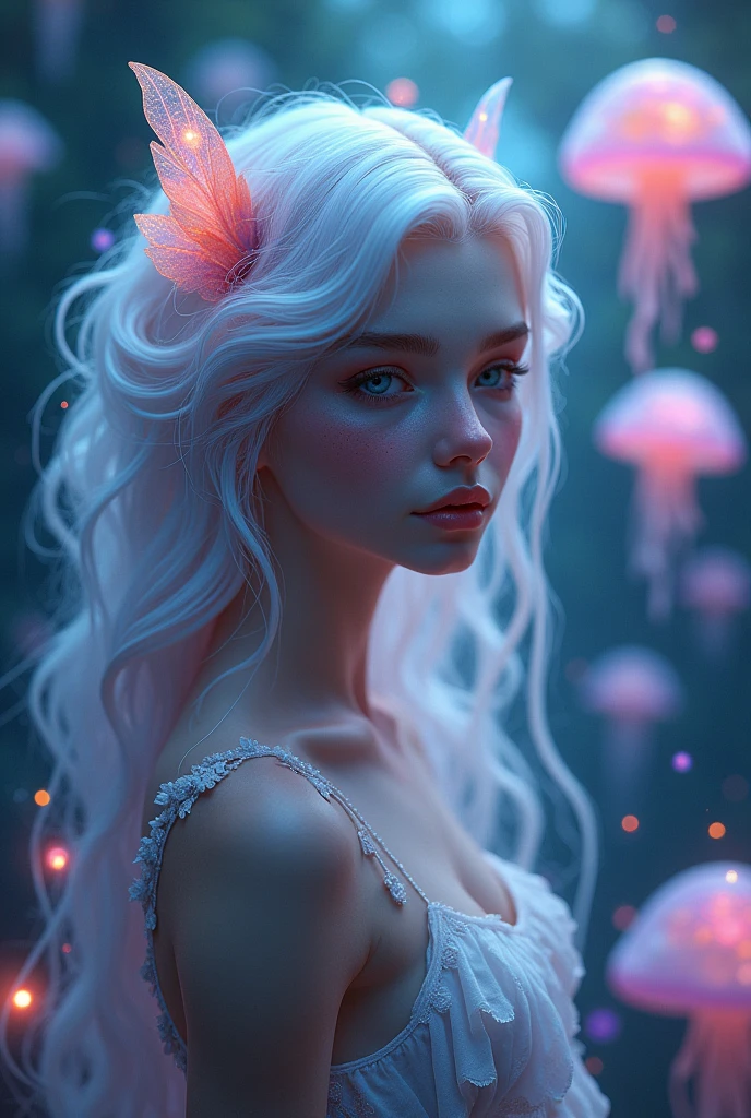 a dream in a dream ,fairy in a fantasy dream . jellyfish forest , fantasy art,  highly detailed
,contrasting soft and vibrant hues, captivating chromatic mysteries ,mesmerizing ,high-detail, cosmic twilight , sharp features, highly detailed, concept art, smooth, beautiful mane, expressive eyes, rainbow translucent bioluminiscent color