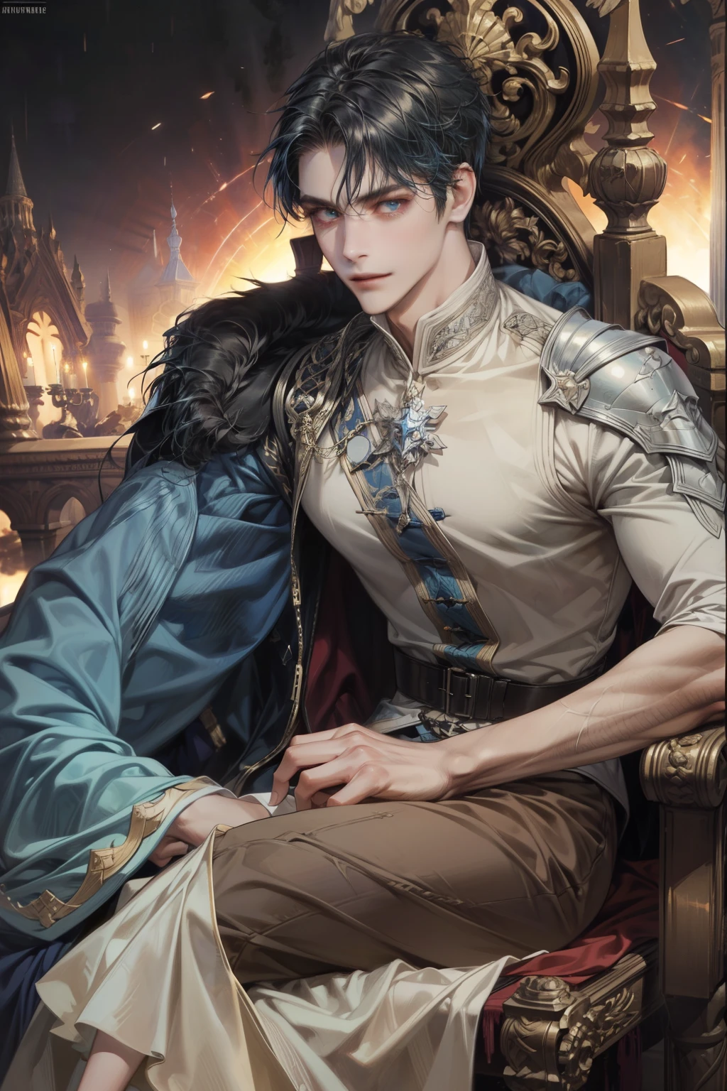 (absurdities, High Resolutions, ultra detailed, HdR), masterpiece, The best quality, final fantasy xvi, clive rosfield, 1man only, handsome, short hair, black hair, vibrant blue eyes, fine eyes and detailed face, armor, ((Intricate weapon)), Sitting on the throne, open legs, affected smile, annoying.